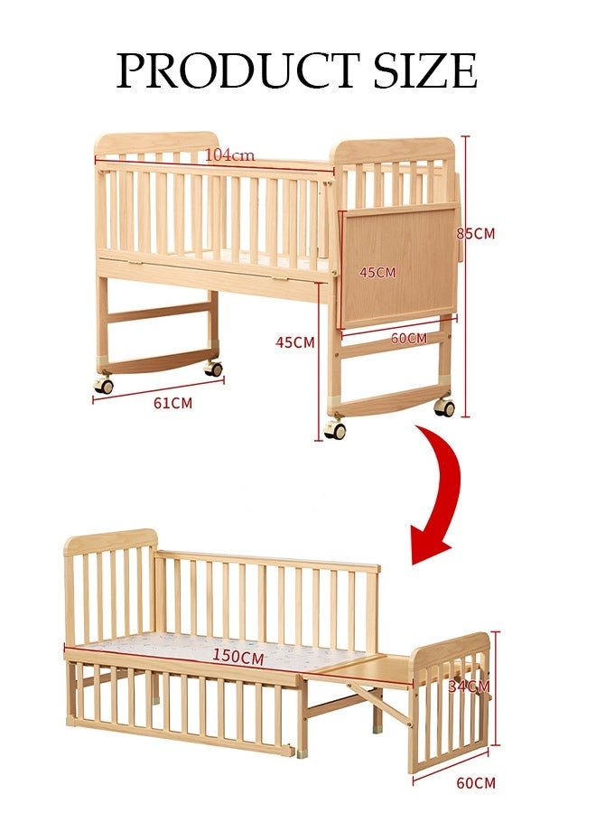 Spides Multifunctional Baby Crib 6 in 1 Convertible Wooden Baby Bed Adjustable Nursery Bed with Wheels Portable Foldable Baby Rocker Extended Length (102 to 150cm) Solid Wood Baby Bedside Sleeper with Flip Changing Station - Image 4